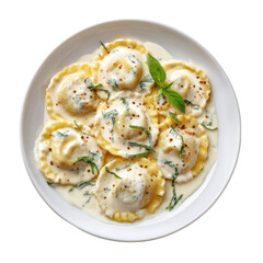 Gastronomic Delight: A beautifully presented plate of ravioli, bathed in a creamy sauce and garnished with fresh basil, ready to tantalize taste buds. 