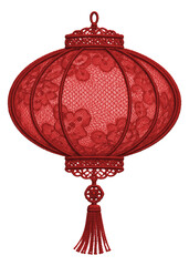 Red lace Chinese lantern with delicate embroidered texture, traditional festival decor isolated on transparent background