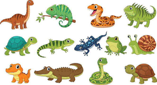 Cute cartoon reptiles and amphibians vector set with lizards, snakes, turtles, frogs, crocodiles, and exotic animals