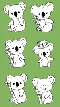 Cute Koala Bears Illustration Collection Green Background Simple Cartoon Style
