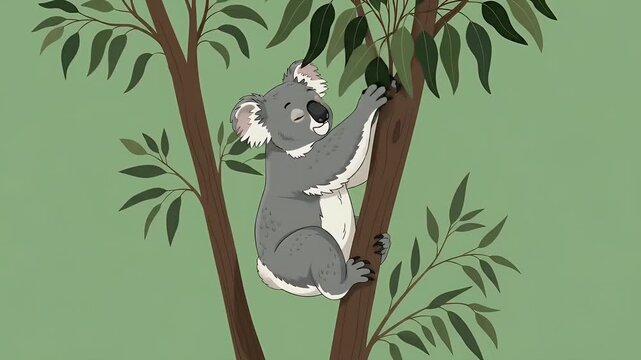 Cute Koala Eating Leaves In Eucalyptus Tree In Minimalist Animation