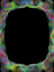 Vertical Neon Kaleidoscope Frame on Black, Hand-Drawn Symmetrical Rainbow Border with Wavy Luminous Lines and Copy Space