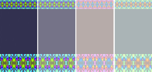 Set of Vertical Layouts with Intricate Horizontal Borders, Hand-Drawn Symmetrical Patterns in Neon, Pastel, and Earthy Tones with Large Copy Space