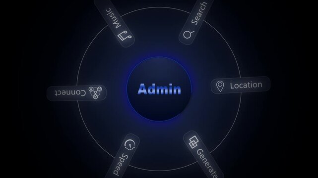 Admin interface with glowing blue and labels for search location generate music speed connect and manage on dark background