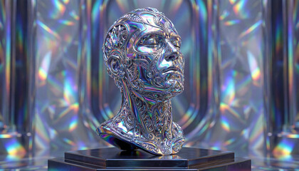Abstract Sculpture of a Human Head Reflecting Light in a Futuristic Crystal Chamber