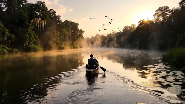 Silhouette of a lone paddler in a misty river surrounded by lush jungle at dawn
