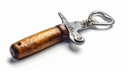 &ldquo;Classic bottle opener with wooden handle and aged metal head resting on rustic wood.&rdquo;