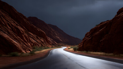 Winding Road Through Dramatic Canyon: A scenic view of an empty road curves gracefully through a majestic canyon, the rugged terrain painted in rich earthy hues under a dramatic, stormy sky.