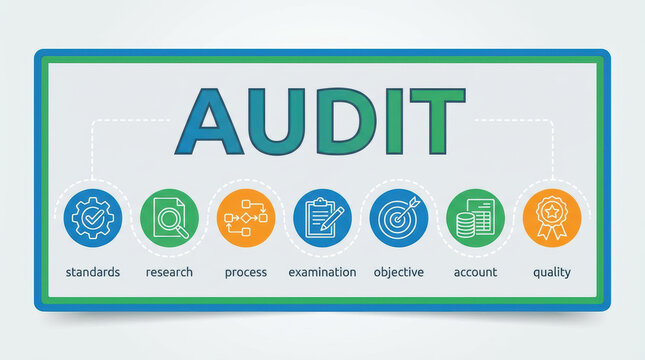 Financial business management audit concept with digital standards research process examination objective account quality compliance focus financial auditing system - Powered by Adobe