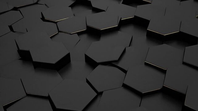 3D rendered abstract background of geometric hexagonal shapes in various sizes and depths, accented with gold trim