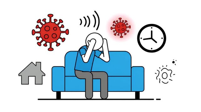 Depressed Man Sitting on Sofa Surrounded by Coronavirus Symptoms
