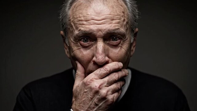 Elderly Man's Face Covered by Hand, Expressing Shock and Disbelief