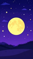 A cartoon night scene with a bright moon, stars, and dark silhouettes