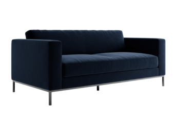 an ultra-modern minimalist two-seater sofa upholstered in rich midnight blue velvet, displaying sleek lines on a transparent studio background, high-end commercial furniture display