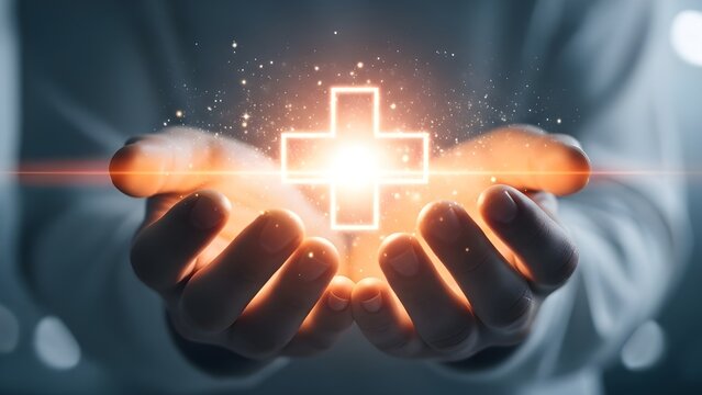 Mano de mujer sosteniendo un icono virtual m&aacute;s para una mentalidad de pensamiento positivo o un concepto de seguro m&eacute;dico
