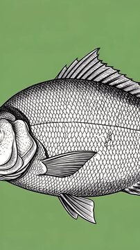 Detailed Vintage Fish Illustration On Green Background