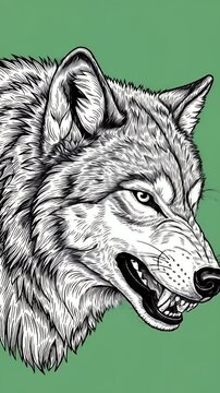 Detailed Wolf Head Illustration Minimalist Green Background Motion Graphic Footage