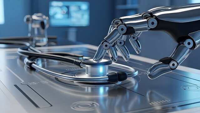El uso de robots e IA para ayudar al concepto de atenci&oacute;n m&eacute;dica.
 Una mano rob&oacute;tica blanca tocando suavemente un estetoscopio.