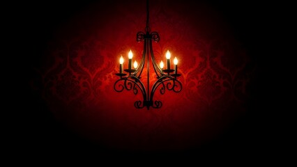 Elegante papel pintado de damasco rojo con un candelabro negro antiguo que proporciona un efecto de iluminaci&oacute;n atmosf&eacute;rico.