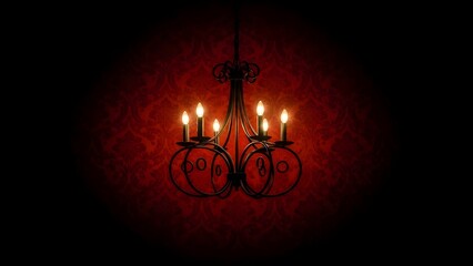 Elegante papel pintado de damasco rojo con un candelabro negro antiguo que proporciona un efecto de iluminaci&oacute;n atmosf&eacute;rico.