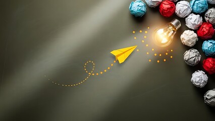 A yellow paper airplane soaring towards a glowing light bulb surrounded by crumpled paper balls on a dark gray surface from an aerial viewpoint capturing the essence of creativity and inspiration