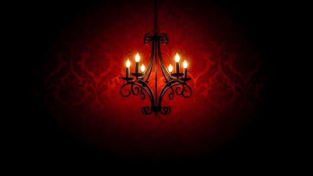 Elegante papel pintado de damasco rojo con un candelabro negro antiguo que proporciona un efecto de iluminaci&oacute;n atmosf&eacute;rico.