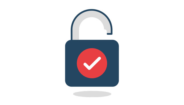 Unlocked padlock with red checkmark in flat design on blue background with white shadow for security icon