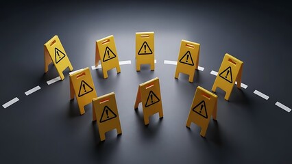 Warning signs on a road, indicating caution and potential hazards ahead, viewed from above, on a dark surface with dashed lines.