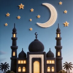 Obraz premium Handcrafted crochet Islamic night scene featuring mosque with glowing windows, crescent moon, stars and palm trees on blue sky, cozy Ramadan or Eid decorative illustration.