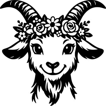 Charming Goat Portrait with Floral Crown: A delightful portrait of a goat adorned with a whimsical floral crown, radiating a sense of gentle joy and serenity.