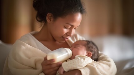 Bottle feeding scene showing caregiver focused on baby, peaceful interaction representing nurturing, growth, emotional connection, and family care. cinematic color correction, natural uneven