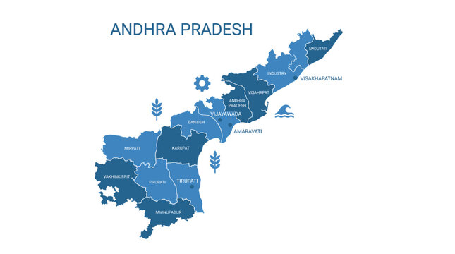 Andhra Pradesh India map vector illustration. Blue flat administrative division with district names. Educational geography chart of south region. Regional layout with symbols.