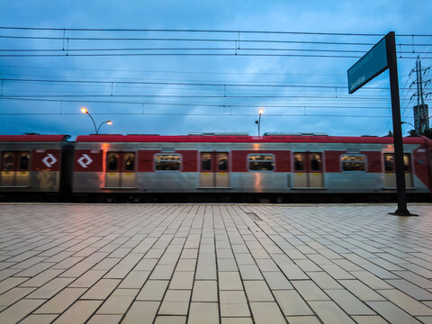 Santo Andre, SP, Brazil, January 22, 2024. CPTM train on the boarding and disembarking platform at Utinga Station on Line 10&ndash;Turquoise of the Sao Paulo metropolitan train company