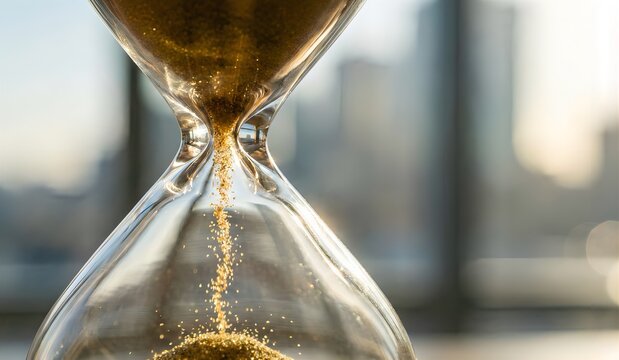光の中で砂が落ちる砂時計、時間管理と期限のビジネスコンセプト（クローズアップ）