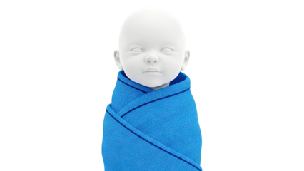 Baby mannequin wrapped in a blue swaddle blanket