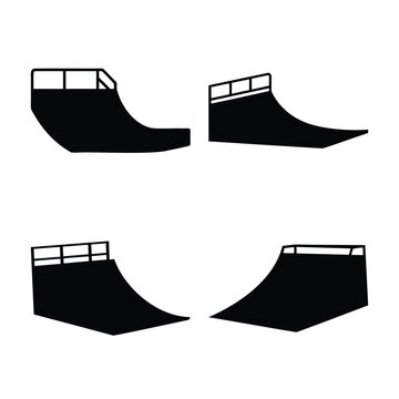Collection of diverse black silhouette skateboard ramps and skate park elements