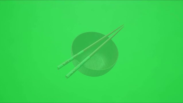 Vibrant red chopsticks resting on wooden bowl green background