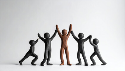 Teamwork unity leadership support success diversity collaboration achievement community motivation clay figure group celebrating leader teamwork unity support white background, symbol of success