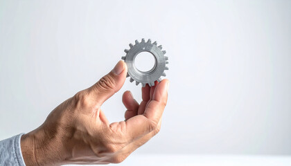 Hand holding metal gear industry engineering machinery mechanic technology design industrial precision workshop concept