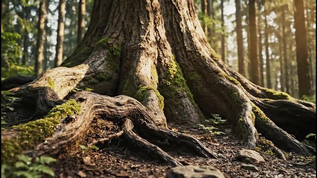 Forest floor roots weaving through ancient trees.