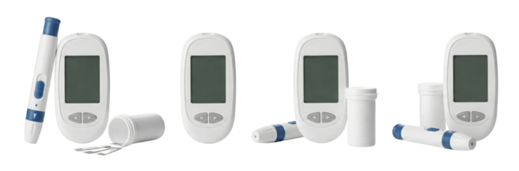 Diabetes Monitoring Kit: Glucometer, Lancets, and Test Strips on White Background