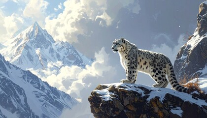 Obraz premium Snow Leopard Standing on Rocky Cliff in Majestic Mountain Range with Clouds