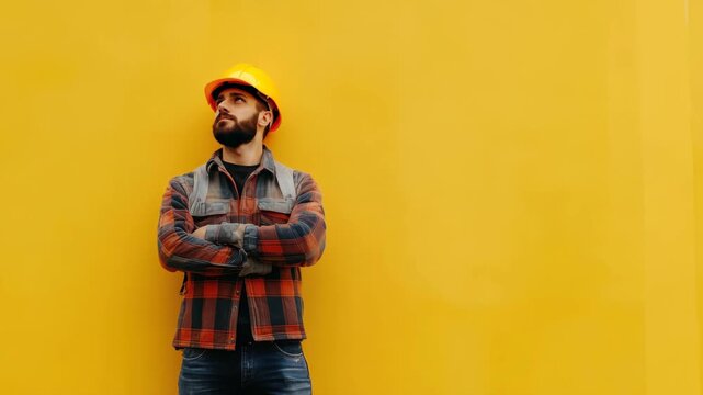 Construction worker in safety gear stands confidently against bright yellow wall during mid-day light