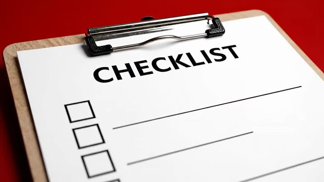 Close-up of a checklist on a clipboard with blank boxes and lines, symbolizing task completion and organization.