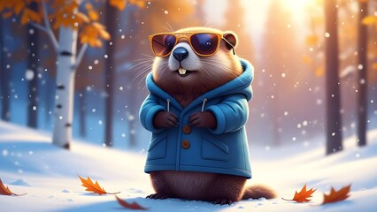 Groundhog day celebration with stylish rodent in snowy forest