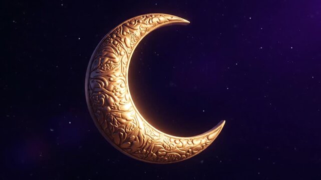 A golden crescent moon glows brightly against a starry night sky with intricate patterns
