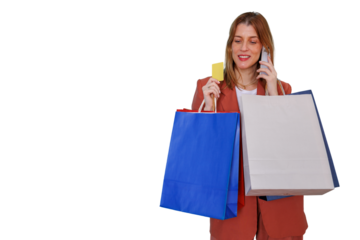 Woman shopping, holding bags, credit card and talking on smartphone, purchasing products, transparent background