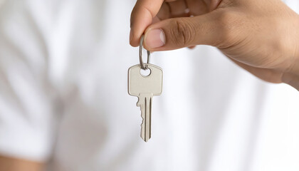 Male hand holding house key new home ownership concept bright daylight focus on key metal keyring person indoors white shirt minimal clean background