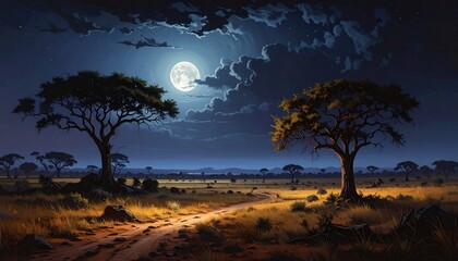 Dramatic African Savanna Moonlit Landscape with Silhouetted Acacia Trees and Stormy Sky