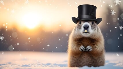 Groundhog day celebration with stylish rodent in top hat